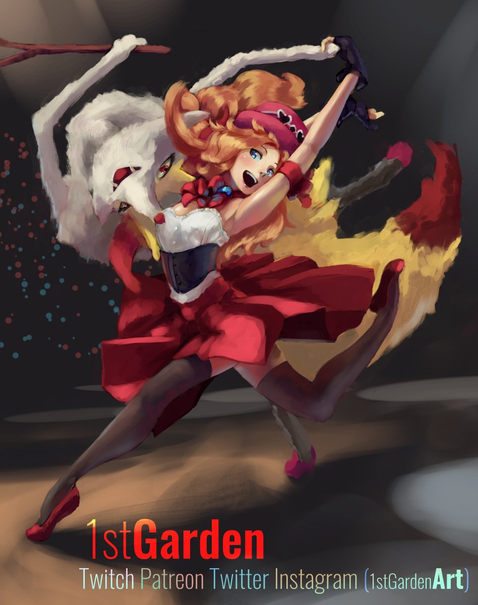 1girl, 1stgarden, :d, armband, arms_up, artist_name, blue_eyes, blush