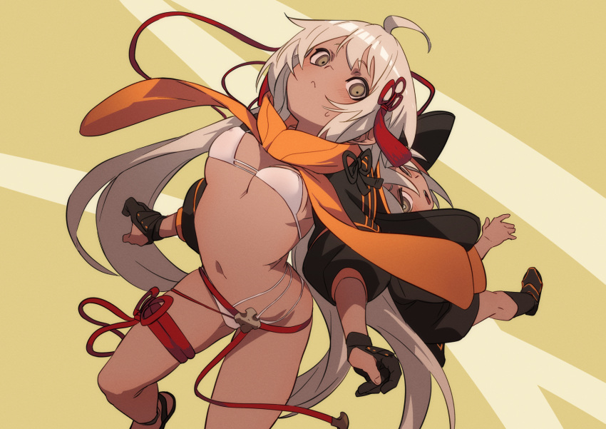 2girls, bikini, black_gloves, black_legwear, blush, brown_eyes, covered_nipples, dark-skinned_female