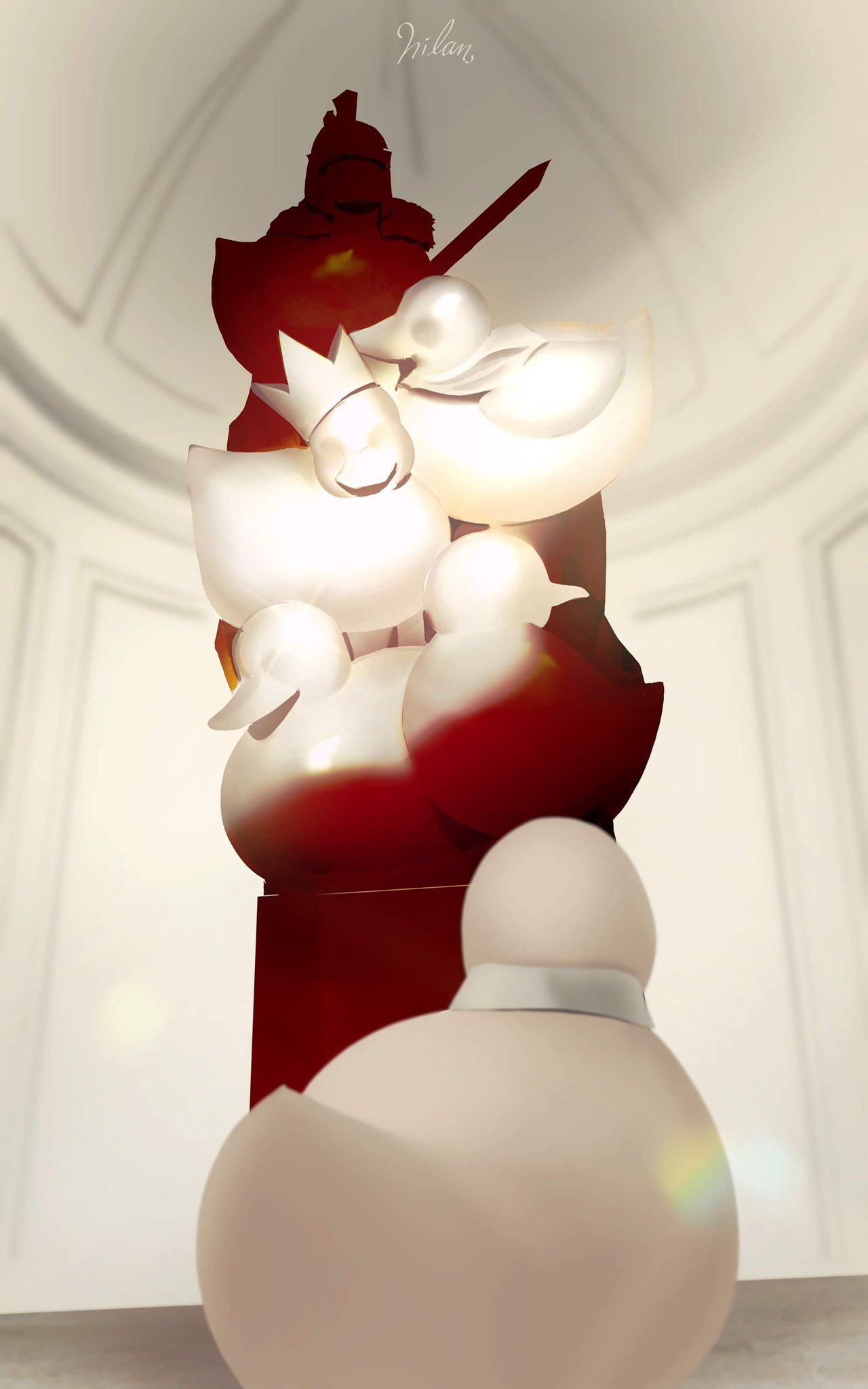 animal_focus, artist_name, bird, crown, detached_collar, duck, from_behind, godfather_duck_(nilan)