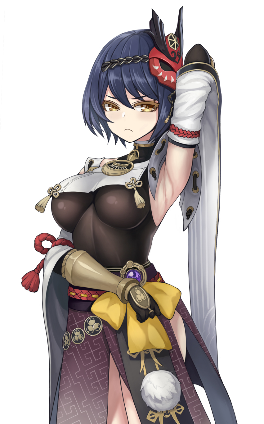 1girl, arm_up, armpits, breasts, detached_sleeves, genshin_impact, highres, kujou_sara, long_sleeves, looking_at_viewer, mask, medium_breasts, poorgom, short_hair, simple_background, sleeveless, solo, tengu_mask, white_background, yellow_eyes