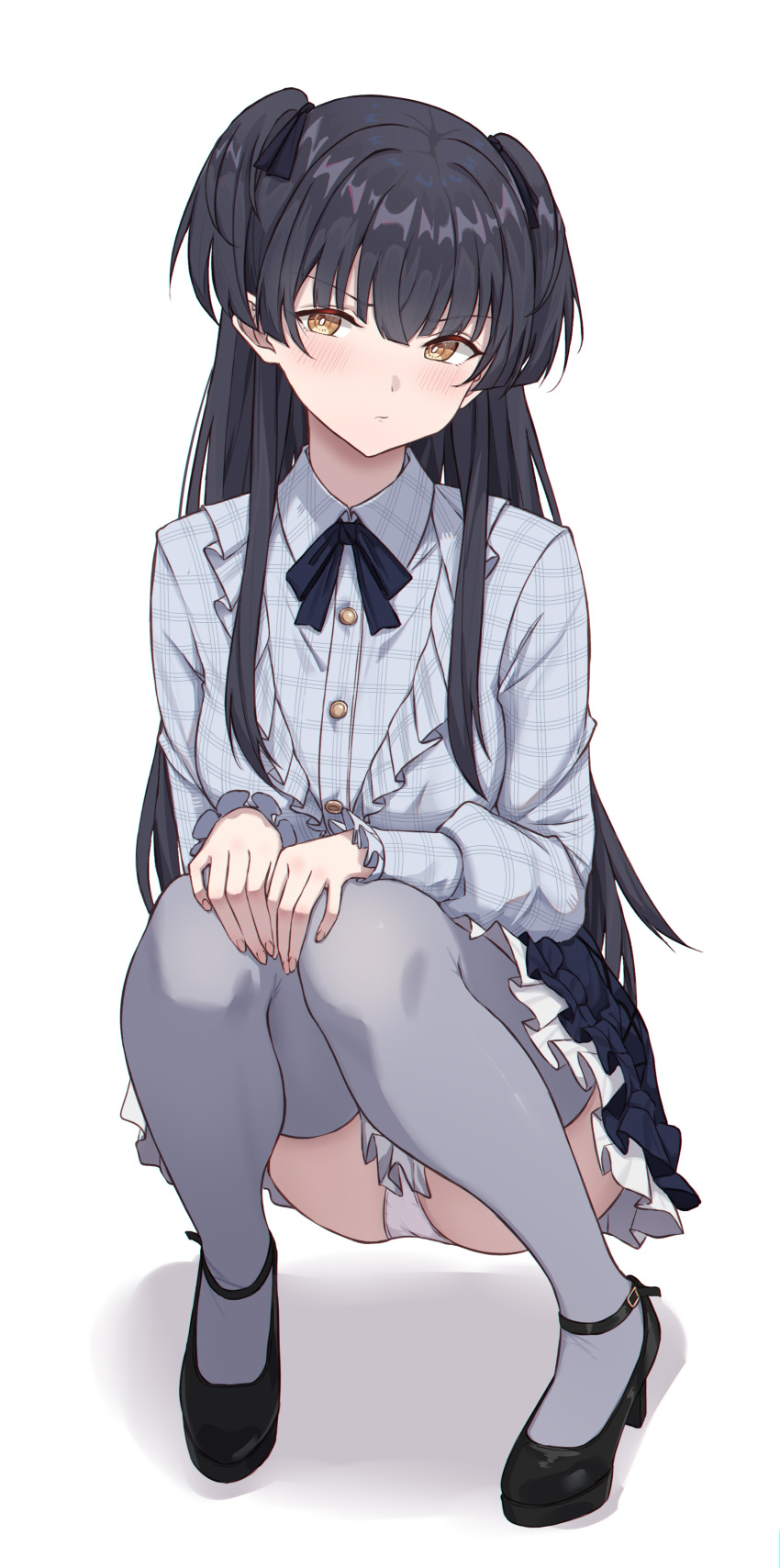 1girl, absurdres, bangs, black_footwear, black_hair, black_ribbon, black_skirt, blouse