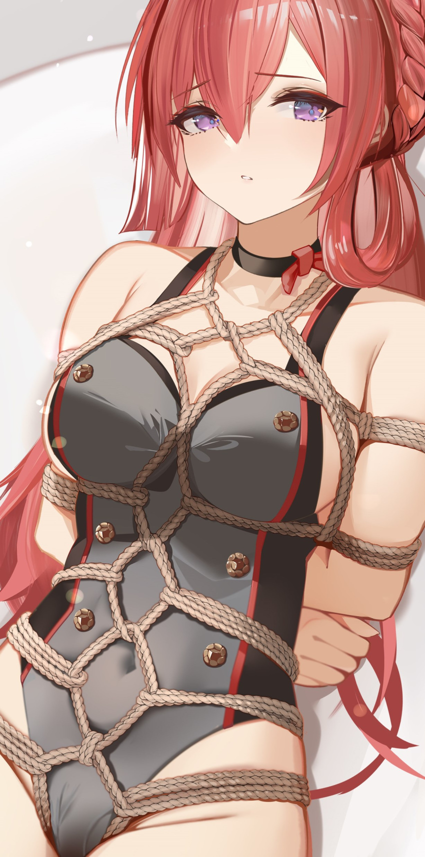 1girl, absurdres, arms_behind_back, azur_lane, bdsm, black_choker, black_swimsuit, bondage, bound, braid, breasts, choker, crown_braid, highres, indoors, large_breasts, long_hair, lying, monarch_(azur_lane), on_back, one-piece_swimsuit, redhead, restrained, swimsuit, tied_up, very_long_hair, violet_eyes, yuuraku_yuraku