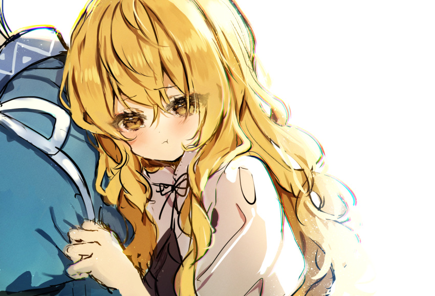 1boy, 1girl, bangs, black_bow, black_dress, black_neckwear, blonde_hair, blue_shirt