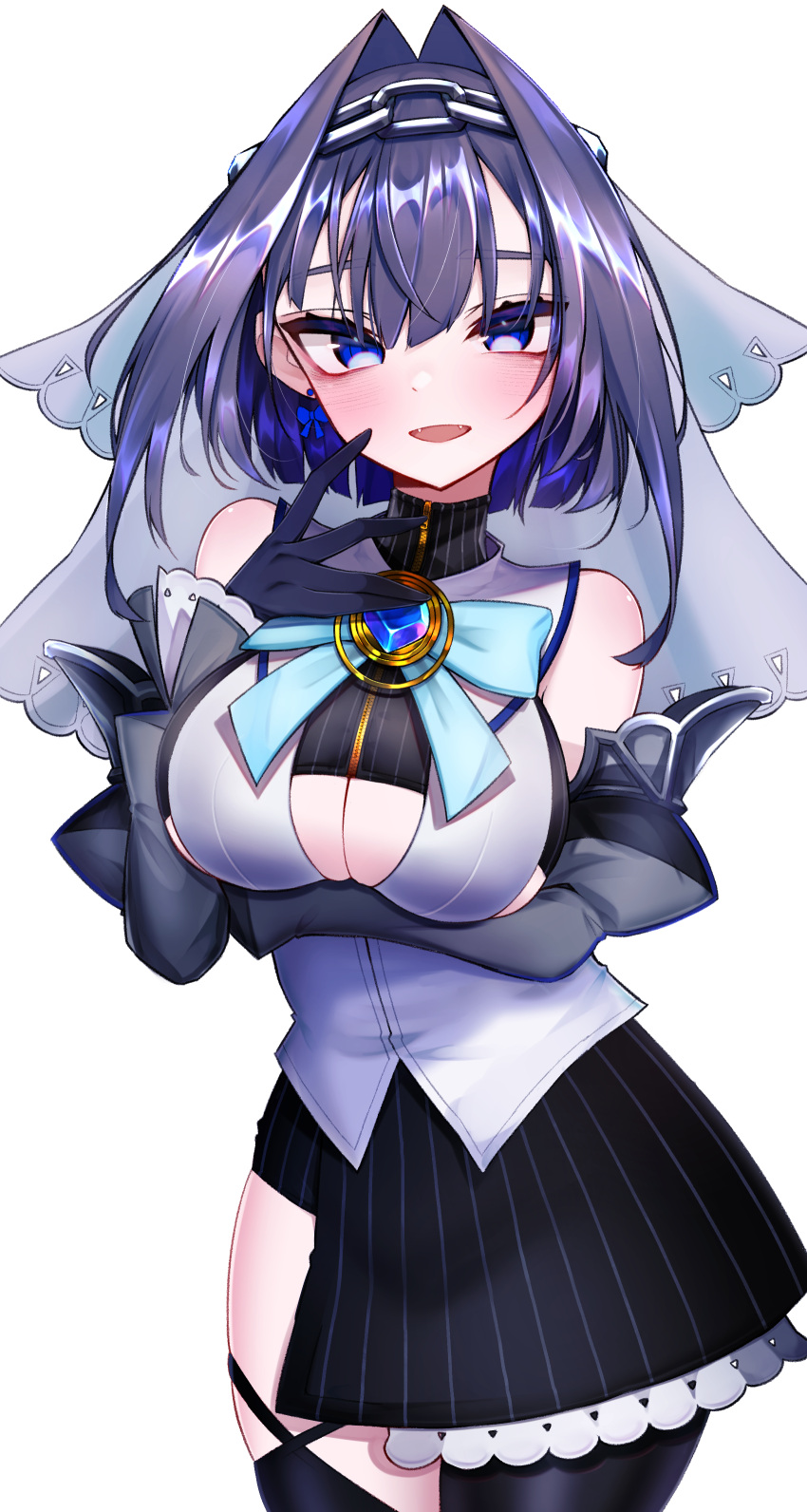 1girl, absurdres, asymmetrical_clothes, black_gloves, blue_cape, blue_hair, blue_ribbon, breasts, cape, chain, cleavage_cutout, clothing_cutout, detached_sleeves, gloves, hair_intakes, halo, headband, heart-shaped_gem, highres, hololive, hololive_english, large_breasts, mechanical_halo, miniskirt, ohpe, ouro_kronii, ribbon, sailor_collar, shirt, short_hair, skirt, sleeveless, sleeveless_shirt, solo, sweater, turtleneck, turtleneck_sweater, under_boob, veil, zipper