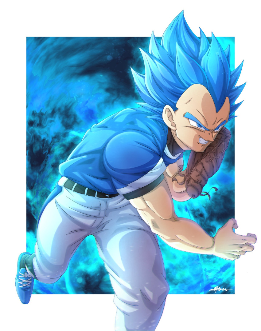 1boy, baseball_jersey, baseball_mitt, baseball_uniform, belt, blue_eyes, blue_hair, clenched_teeth, dragon_ball, dragon_ball_super, dragon_ball_z, highres, male_focus, muscular, muscular_male, pants, ryunosuke_625, shoes, short_hair, sneakers, solo, spiky_hair, sportswear, super_saiyan, super_saiyan_blue, teeth, throwing, vegeta, white_pants