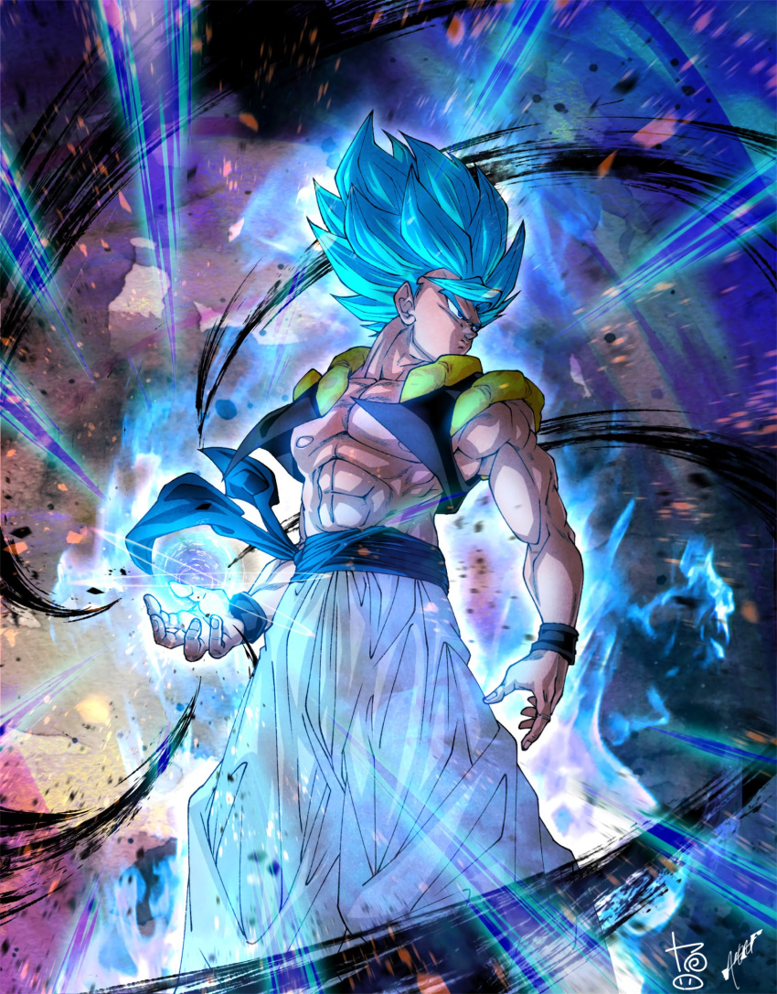 1boy, bangs, blue_eyes, blue_hair, closed_mouth, dragon_ball, dragon_ball_super, dragon_ball_super_broly, energy_ball, highres, male_focus, metamoran_vest, muscular, muscular_male, nipples, pants, pectorals, ryunosuke_625, serious, sleeveless, solo, spiky_hair, stardust_breaker, super_saiyan, super_saiyan_blue, white_pants, wristband