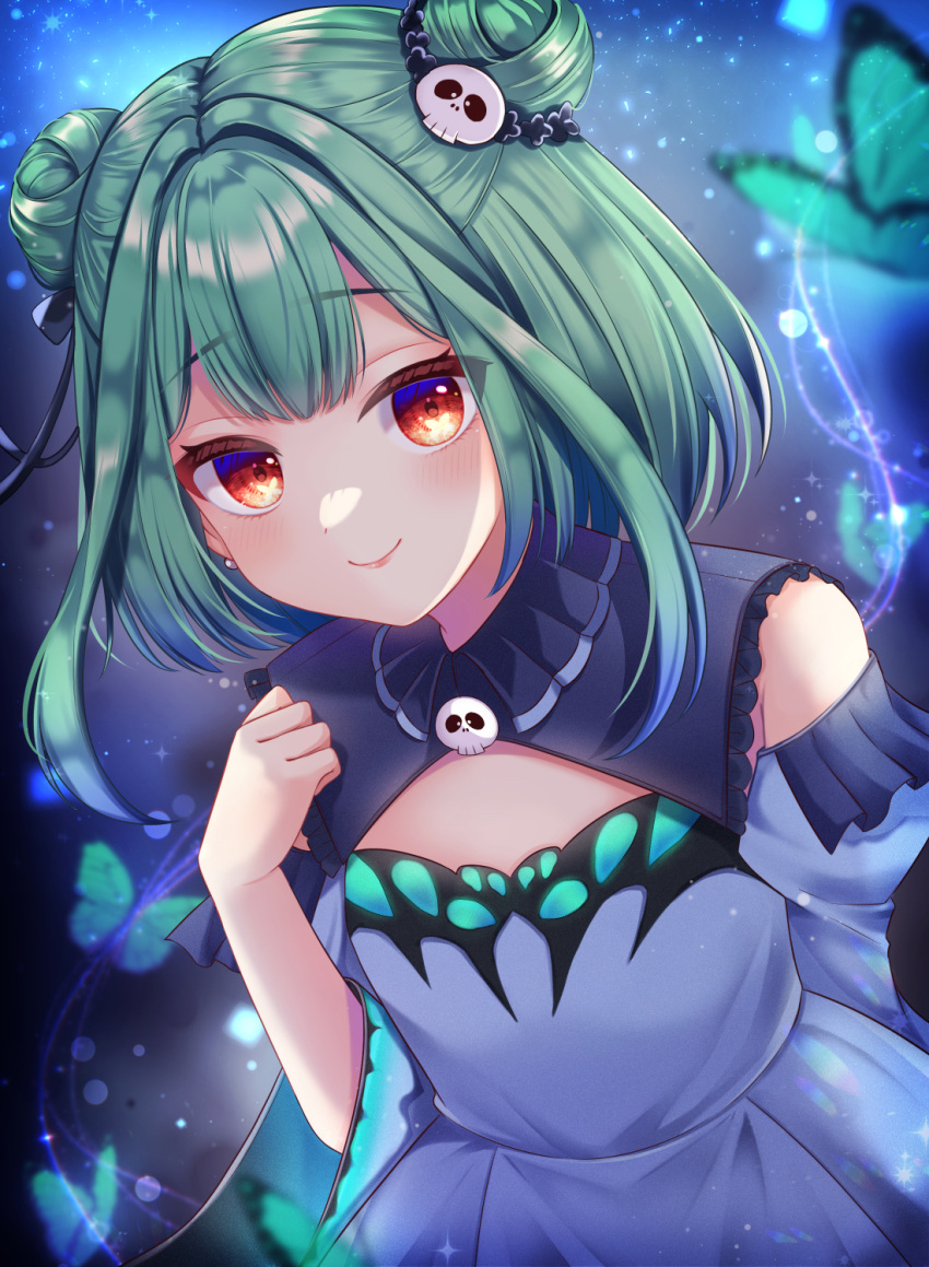 1girl, animal_print, arm_behind_back, blue_dress, blue_hair, blue_ribbon, blue_sleeves, blush