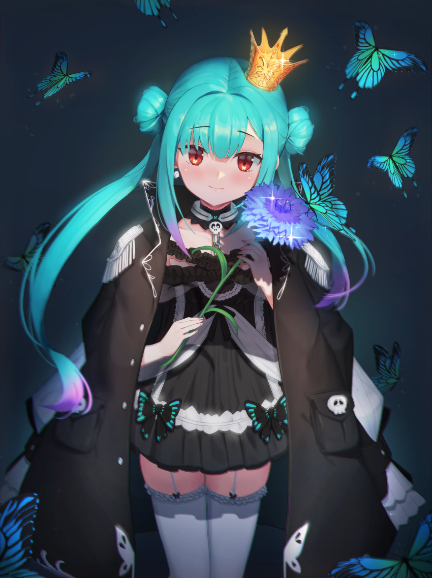 1girl, absurdres, aqua_hair, asymmetrical_hair, banned_artist, black_choker, black_coat, black_dress
