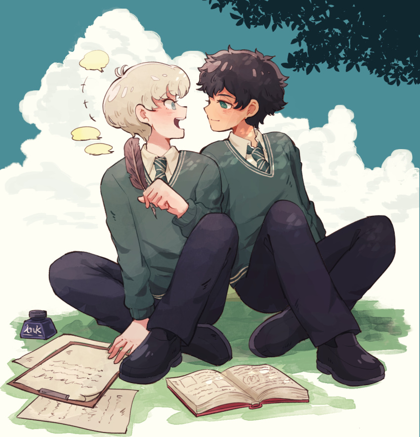 2boys, albus_severus_potter, amazou, black_hair, blonde_hair, blue_eyes, book, eye_contact