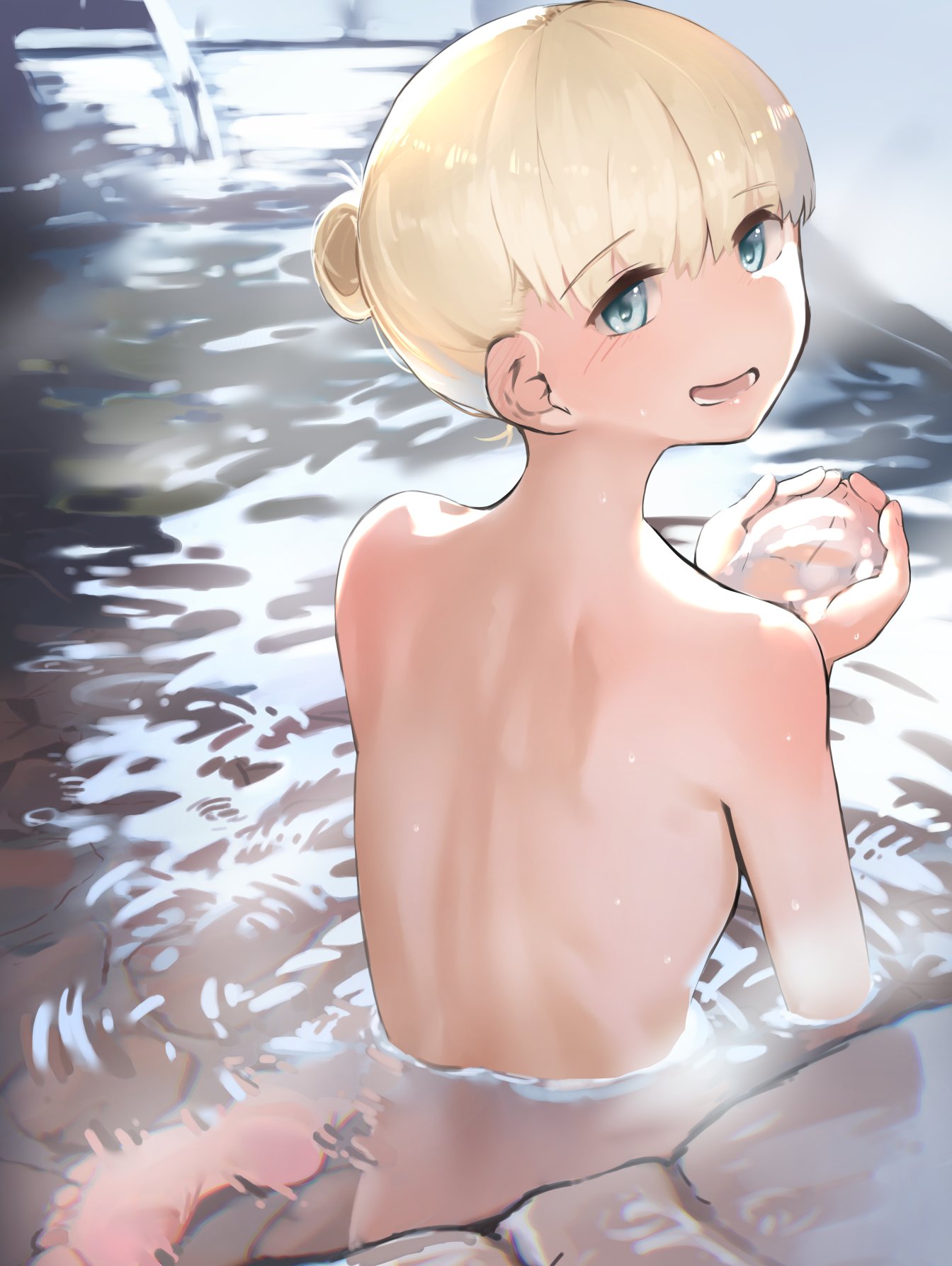 1girl, blonde_hair, blue_eyes, blush, character_request, check_character, eyebrows_visible_through_hair, hair_bun, highres, holding_water, in_water, kabayaki_namazu, kantai_collection, looking_at_viewer, looking_back, nude, onsen, original, ripples, shin'you_(kancolle), sitting, solo, toes, water