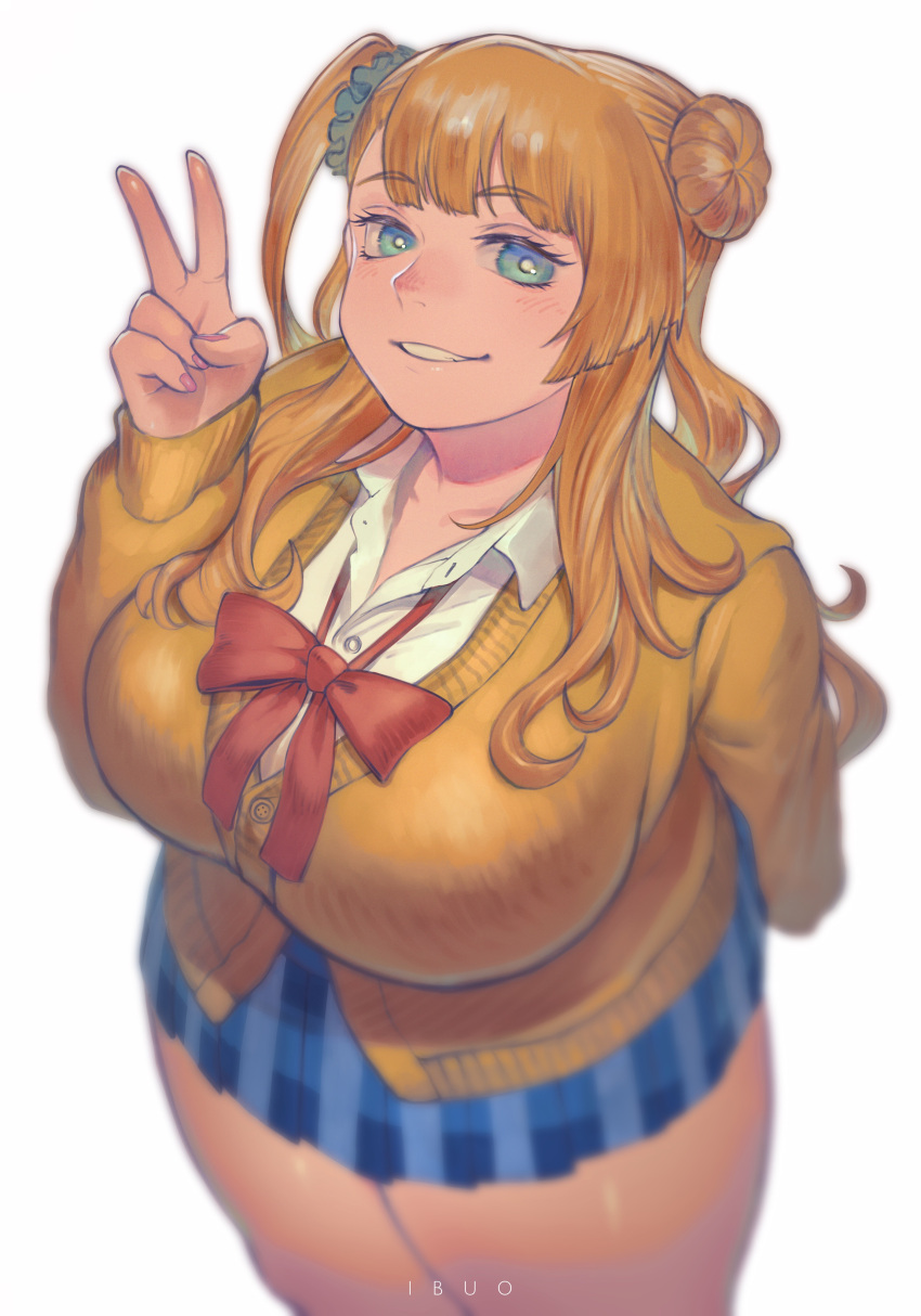 1girl, absurdres, arm_behind_back, asymmetrical_hair, bangs, blonde_hair, blue_eyes, blue_scrunchie