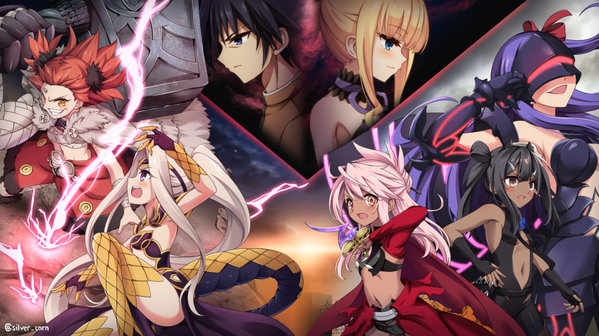 1boy, 6+girls, bangs, bare_shoulders, beatrice_flowerchild, black_hair, blonde_hair, blue_eyes, breasts, brown_eyes, chloe_von_einzbern, dark-skinned_female, dark_skin, erica_ainsworth, fate/kaleid_liner_prisma_illya, fate_(series), highres, illyasviel_von_einzbern, julian_ainsworth, long_hair, matou_sakura, miyu_edelfelt, morokoshi_(tekku), multiple_girls, navel, open_mouth, orange_eyes, pink_hair, purple_hair, redhead, short_hair, small_breasts, smile, violet_eyes, white_hair