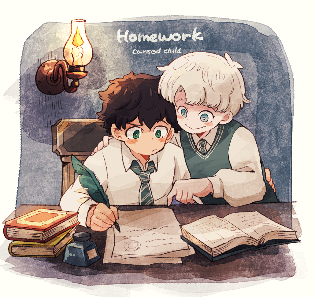 2boys, albus_severus_potter, amazou, black_hair, blonde_hair, blue_eyes, book, chair