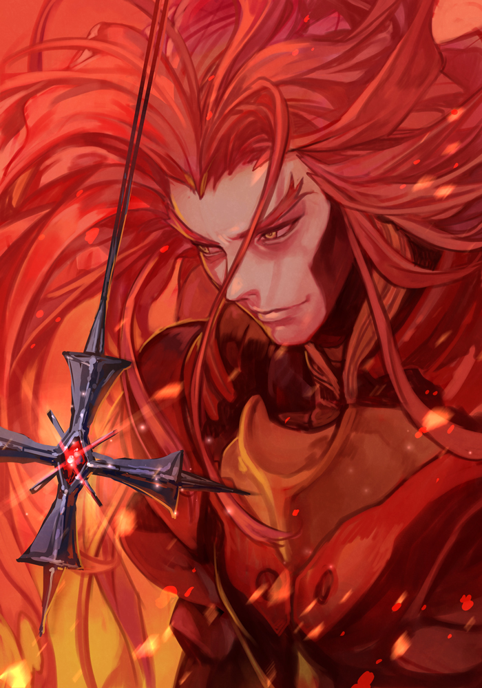 1boy, armor, colored_skin, cross, evil_grin, evil_smile, fei_fong_wong, fiery_background, fire, grin, hankuri, id_(xenogears), long_hair, pale_skin, redhead, smile, very_long_hair, white_skin, xenogears, yellow_eyes