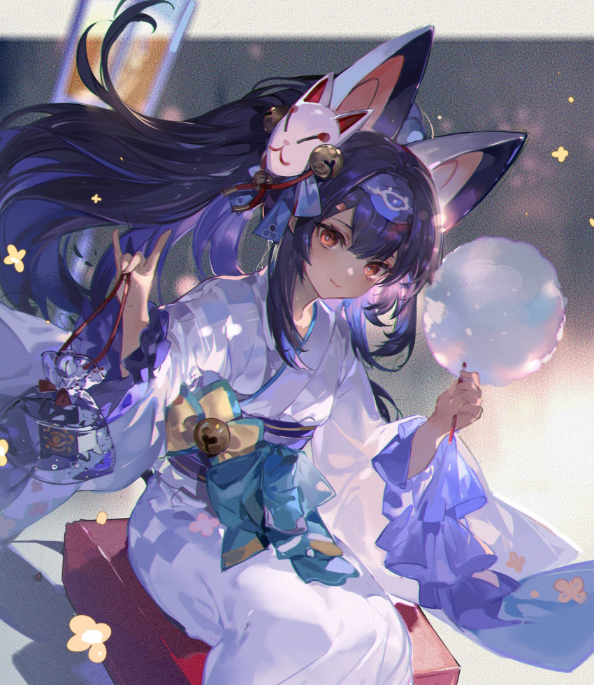 1girl, alternate_costume, alternate_hairstyle, bag, bagged_fish, bangs, bell, blue_hairband
