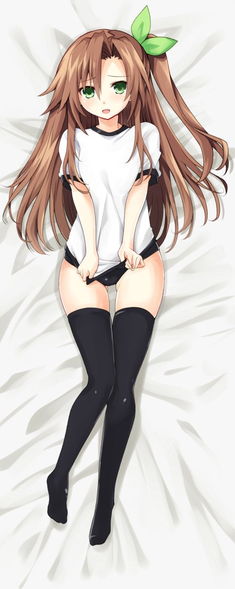 1girl, black_legwear, blush, bow, brown_hair, buruma, green_eyes, hair_bow