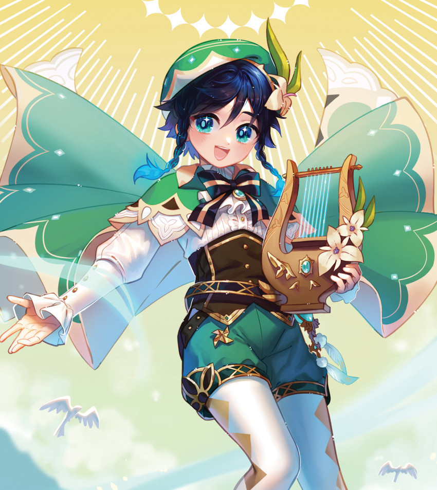 1boy, androgynous, argyle, argyle_legwear, bangs, beret, bird, black_hair