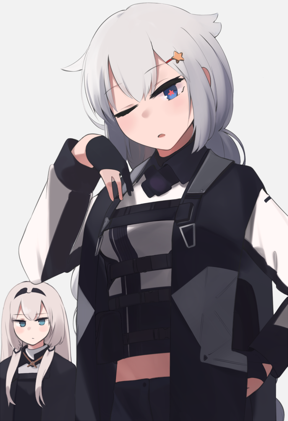 +_+, 2girls, :o, an-94_(girls'_frontline), aqua_eyes, black_gloves, blue_eyes, blush