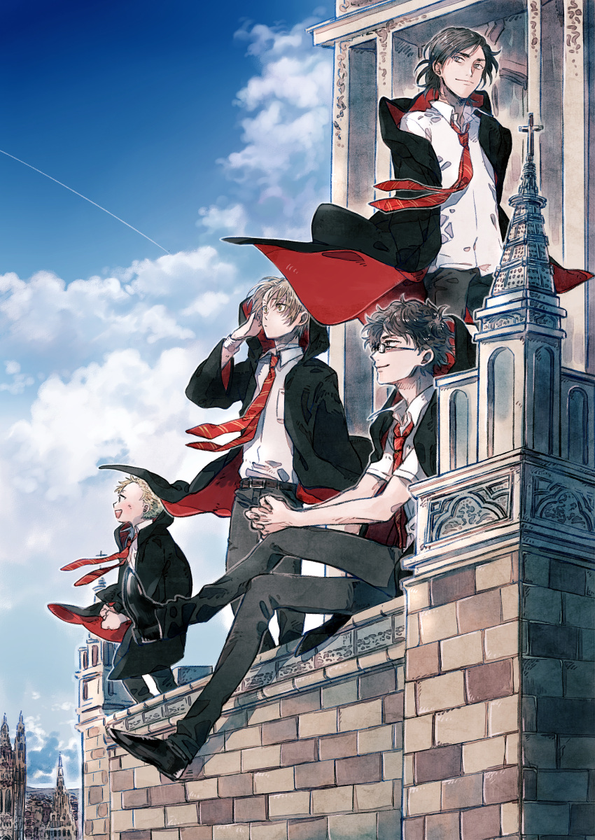 4boys, absurdres, black_hair, black_robe, blue_sky, brown_hair, childlock, glasses