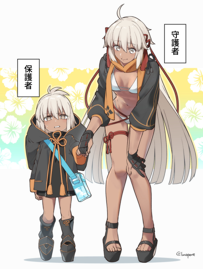 2girls, ahoge, bikini, boots, dark-skinned_female, dark_skin, fate/grand_order, fate_(series)