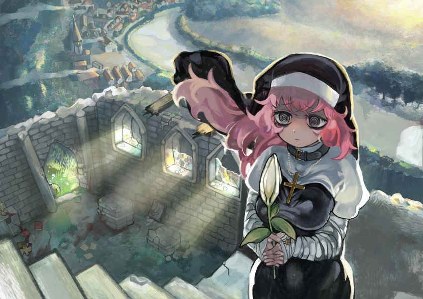 1girl, @_@, bandaged_arm, bandaged_hands, bandages, black_dress, black_eyes, borrowed_character