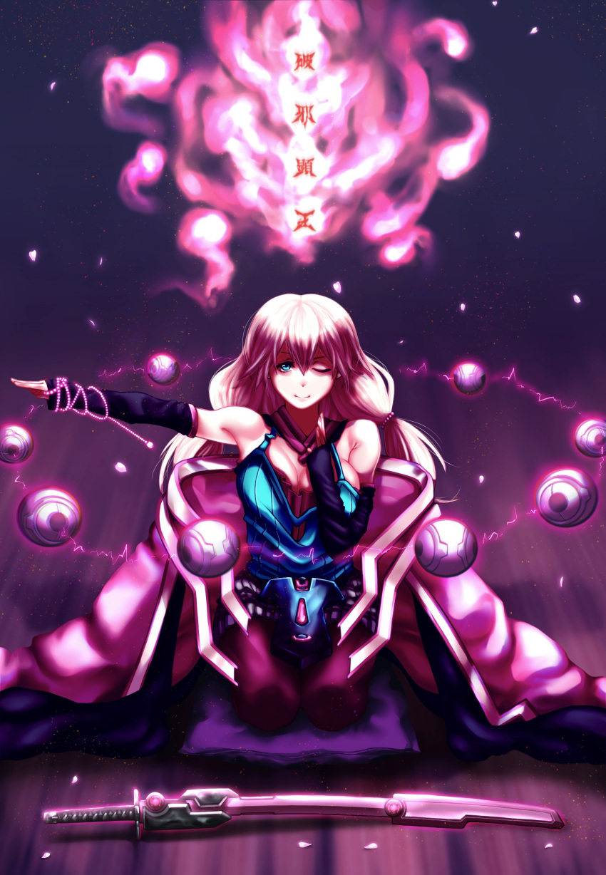 1girl, absurdres, bare_shoulders, beads, blue_eyes, breasts, commentary_request, cushion, detached_sleeves, hair_between_eyes, highres, juzumaru_tsunetsugu_(tenka_hyakken), katana, large_breasts, long_hair, looking_at_viewer, one_eye_closed, orb, outstretched_arm, pantyhose, patchwork_fat., pink_hair, pink_legwear, prayer_beads, seiza, sheath, sheathed, sitting, solo, sword, tagme, tenka_hyakken, translation_request, weapon