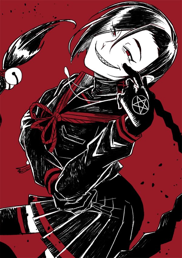 1girl, absol_(dkqthf), bangs, bell, black_legwear, braid, chikujouin_magane, earrings, gloves, hair_bell, hair_ornament, jewelry, long_hair, long_sleeves, looking_at_viewer, pentagram, re:creators, red_eyes, sharp_teeth, simple_background, single_braid, skirt, smile, teeth, thigh-highs, torii_earrings, uniform, very_long_hair