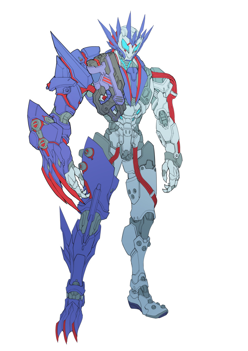 1boy, absurdres, armor, catball1994, claws, gun, handgun, helmet, highres, kamen_rider, kamen_rider_01_(series), kamen_rider_vulcan, shooting_wolf, shot_riser, solo, standing, tokusatsu, weapon, white_background