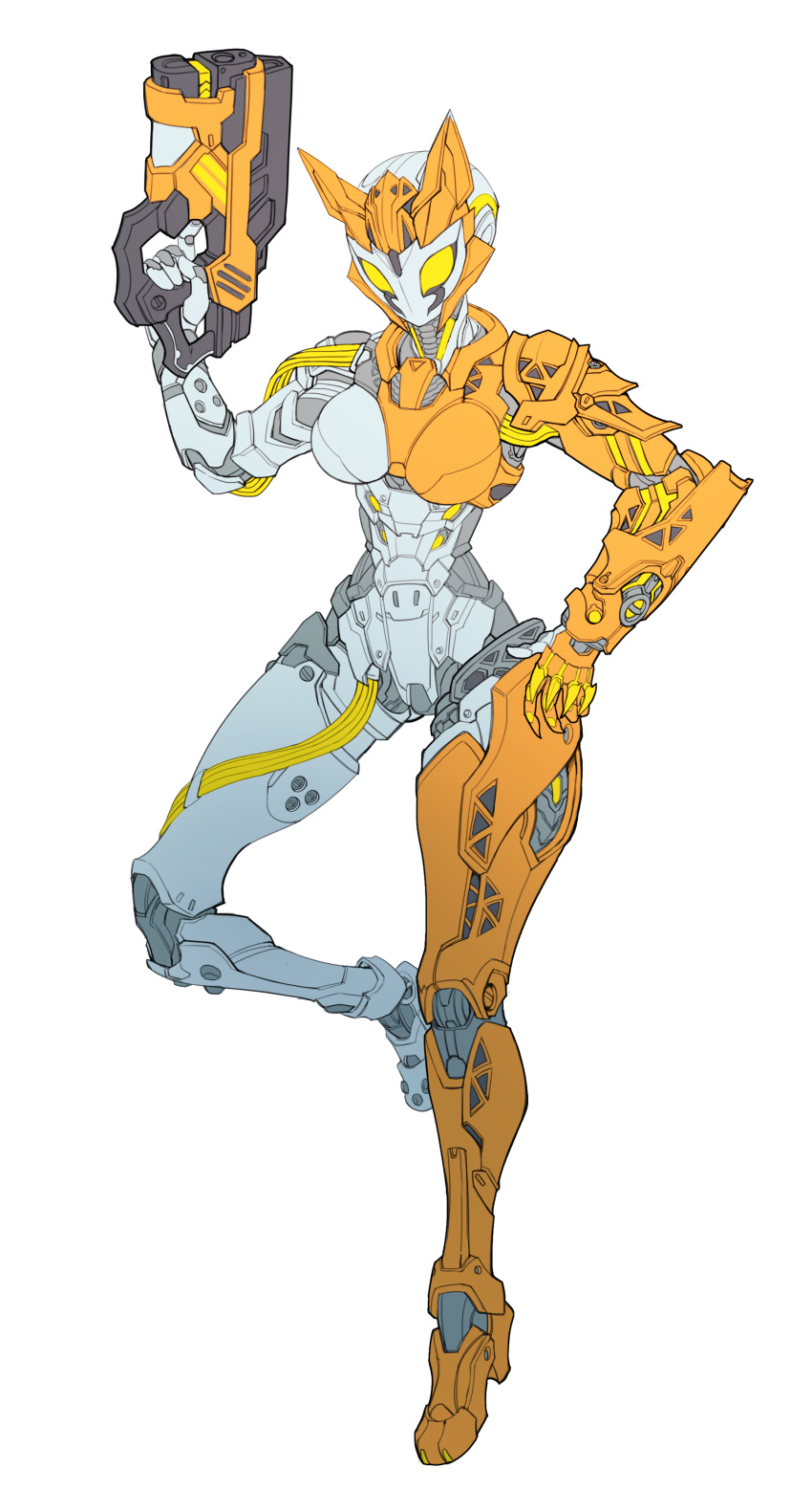1girl, absurdres, armor, breasts, catball1994, gun, hand_on_hip, handgun