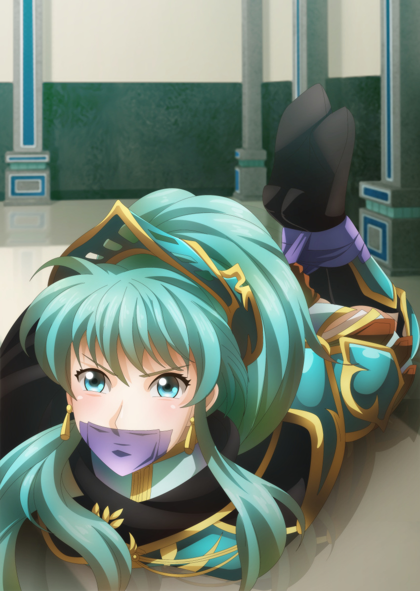 1girl, absurdres, armor, blue_eyes, blue_hair, bound, bound_ankles, bound_wrists
