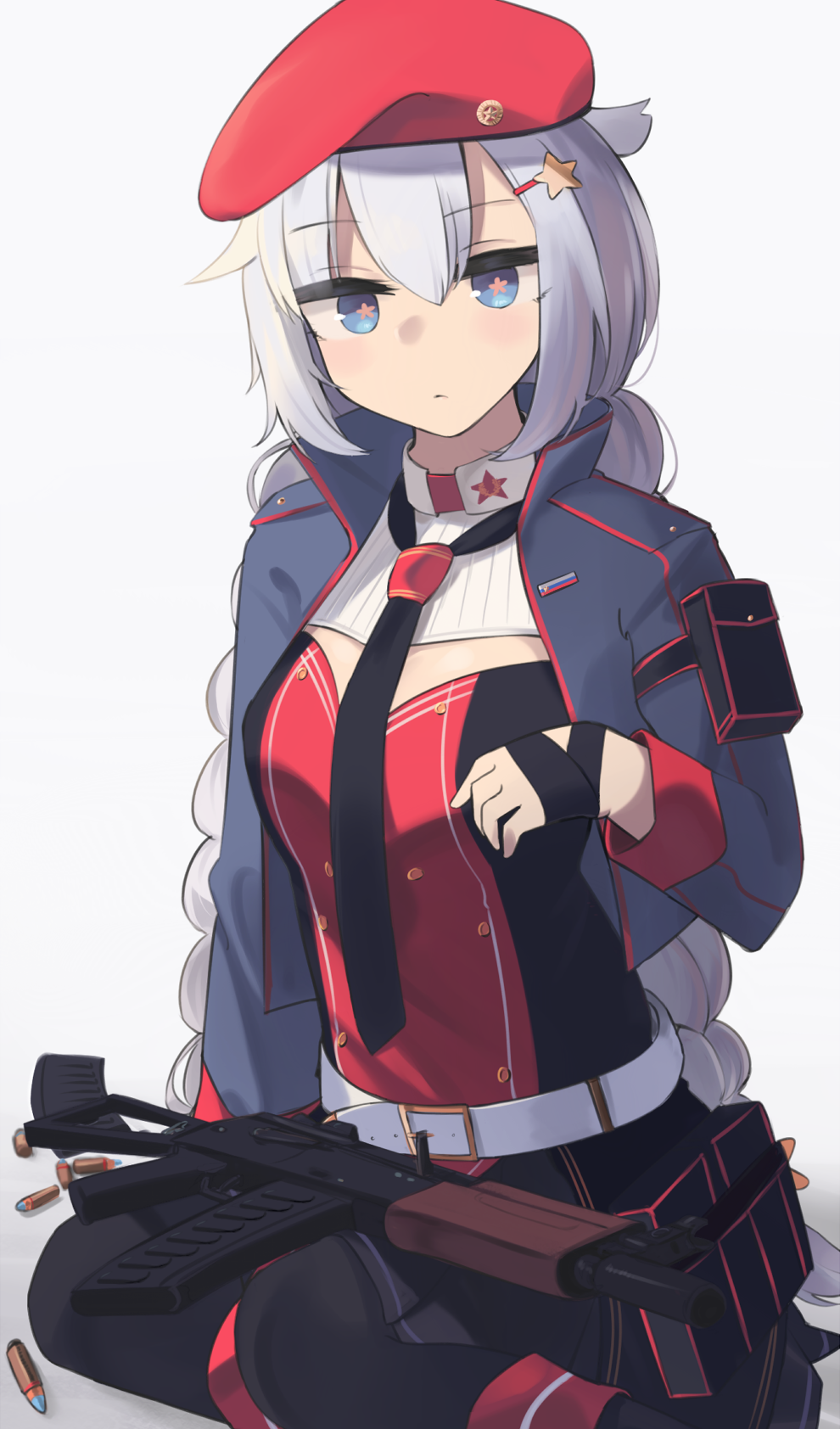 +_+, 1girl, bangs, belt, beret, black_legwear, black_neckwear, blue_eyes