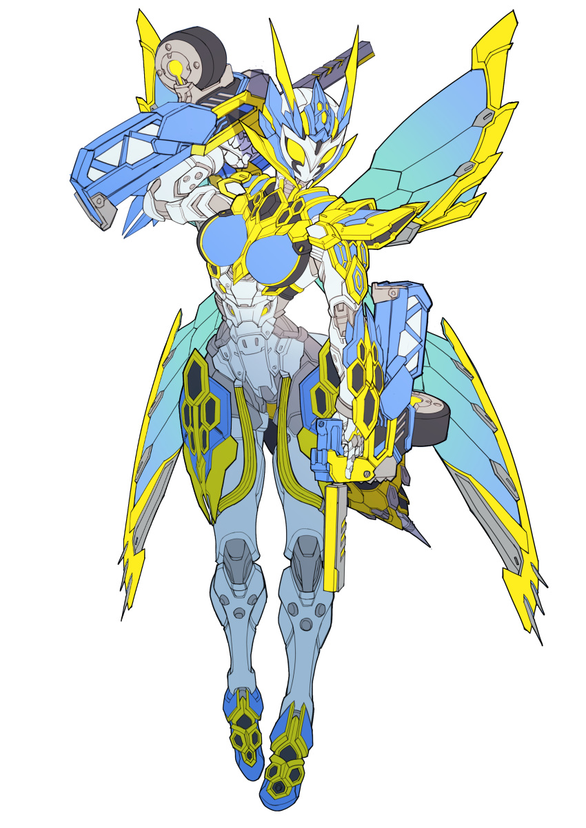 1girl, absurdres, antennae, armor, breasts, catball1994, commentary_request, drum_magazine, dual_wielding, gun, helmet, highres, holding, holding_gun, holding_weapon, kamen_rider, kamen_rider_01_(series), kamen_rider_valkyrie, lightning_hornet, looking_at_viewer, magazine_(weapon), solo, tokusatsu, weapon, white_background, wings