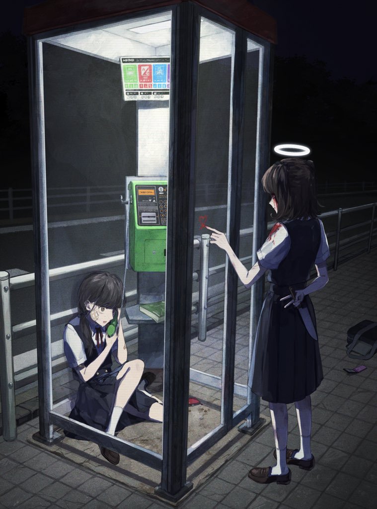 2girls, bangs, black_dress, black_footwear, black_hair, blood, blood_splatter, blunt_bangs