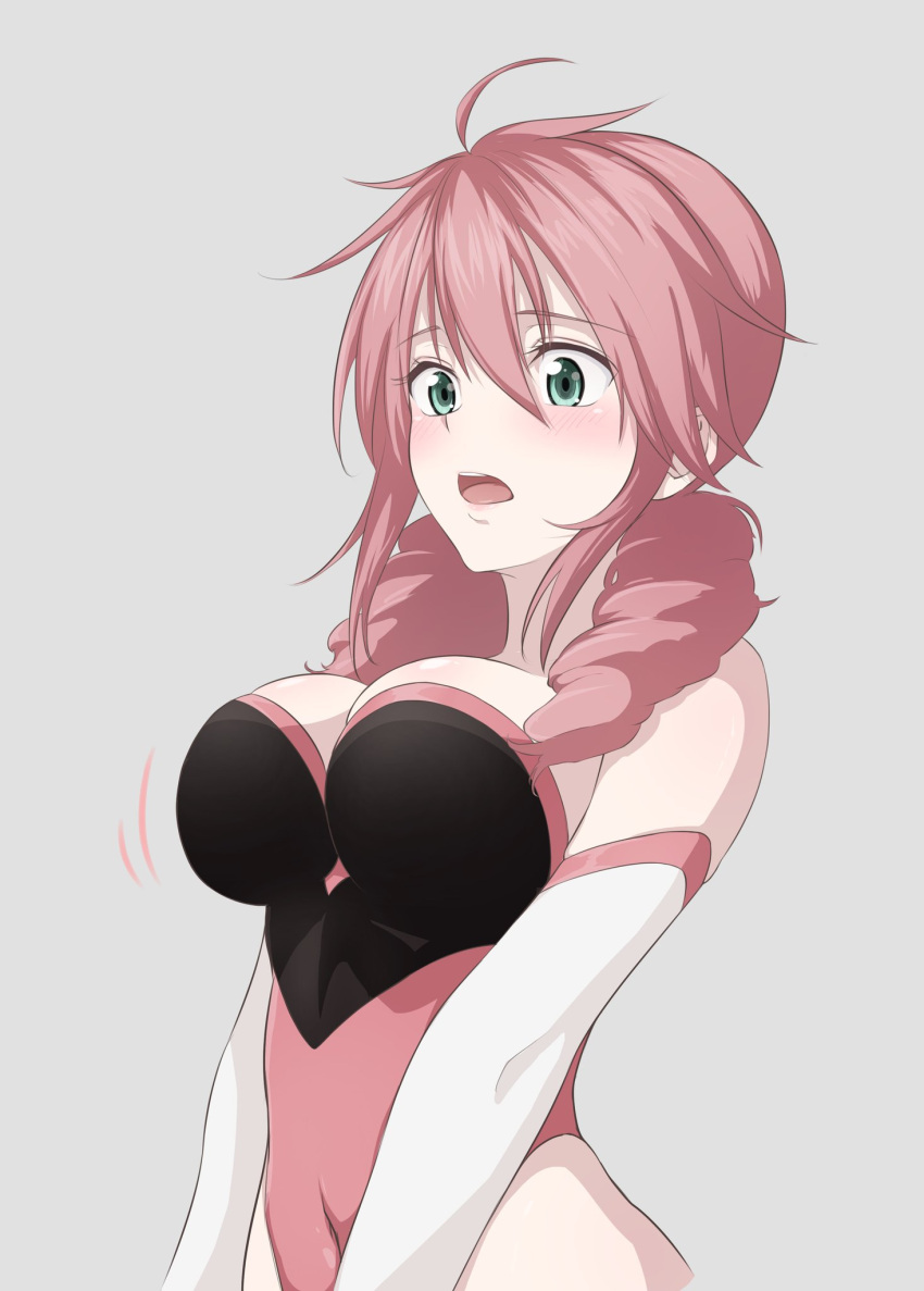 1girl, blaze_pso2, blush, breasts, cosplay, covered_navel, drill_hair, elbow_gloves, feldt_grace, gloves, green_eyes, gundam, gundam_00, highres, leotard, long_hair, medium_breasts, open_mouth, pink_hair, pink_leotard, senki_zesshou_symphogear, shiny, shiny_clothes, shiny_hair, solo, upper_body, voice_actor_connection, yukine_chris, yukine_chris_(cosplay)