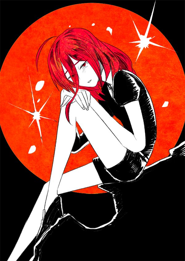 1other, absol_(dkqthf), ahoge, androgynous, blush, cinnabar_(houseki_no_kuni), crying, crying_with_eyes_open, crystal_hair, gem_uniform_(houseki_no_kuni), hair_between_eyes, houseki_no_kuni, long_bangs, long_hair, other_focus, red_eyes, redhead, shirt, short_sleeves, shorts, solo, tears