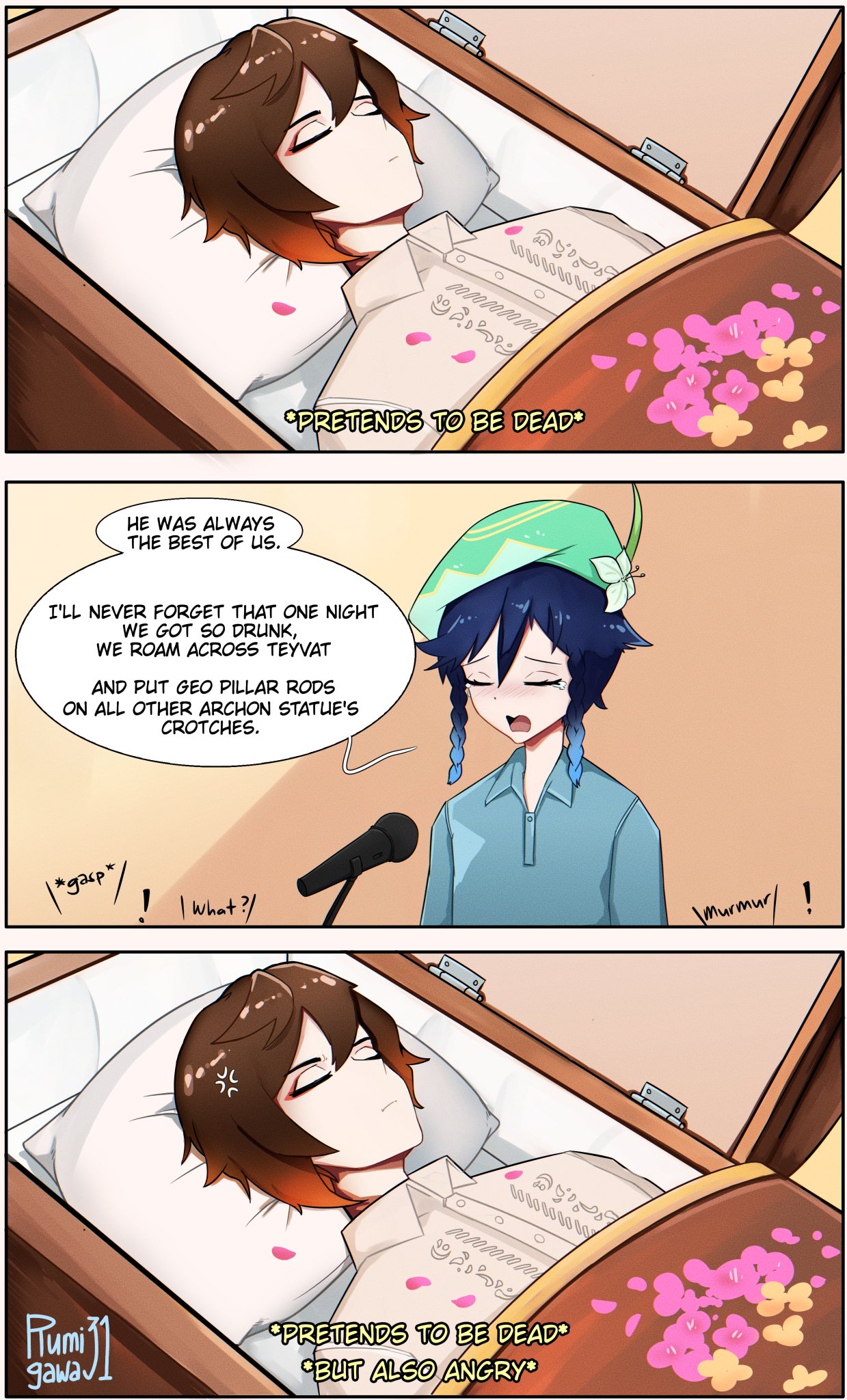 2boys, bangs, black_hair, brown_hair, closed_eyes, closed_mouth, coffin, collared_shirt, earrings, eyeliner, formal, genshin_impact, gradient_hair, green_headwear, highres, jewelry, makeup, multicolored_hair, multiple_boys, petals, rumigawa31, shirt, suit, tassel, tassel_earrings, venti_(genshin_impact), zhongli_(genshin_impact)