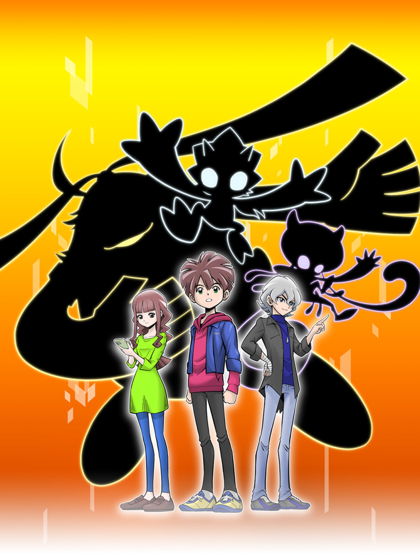 1girl, 2boys, ahoge, airborne, amanokawa_hiro, angoramon, animal_ears, arm_up