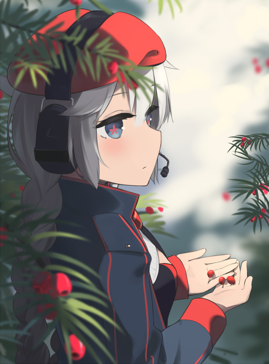 +_+, 1girl, beret, blue_eyes, blue_jacket, blush, braid, braided_ponytail