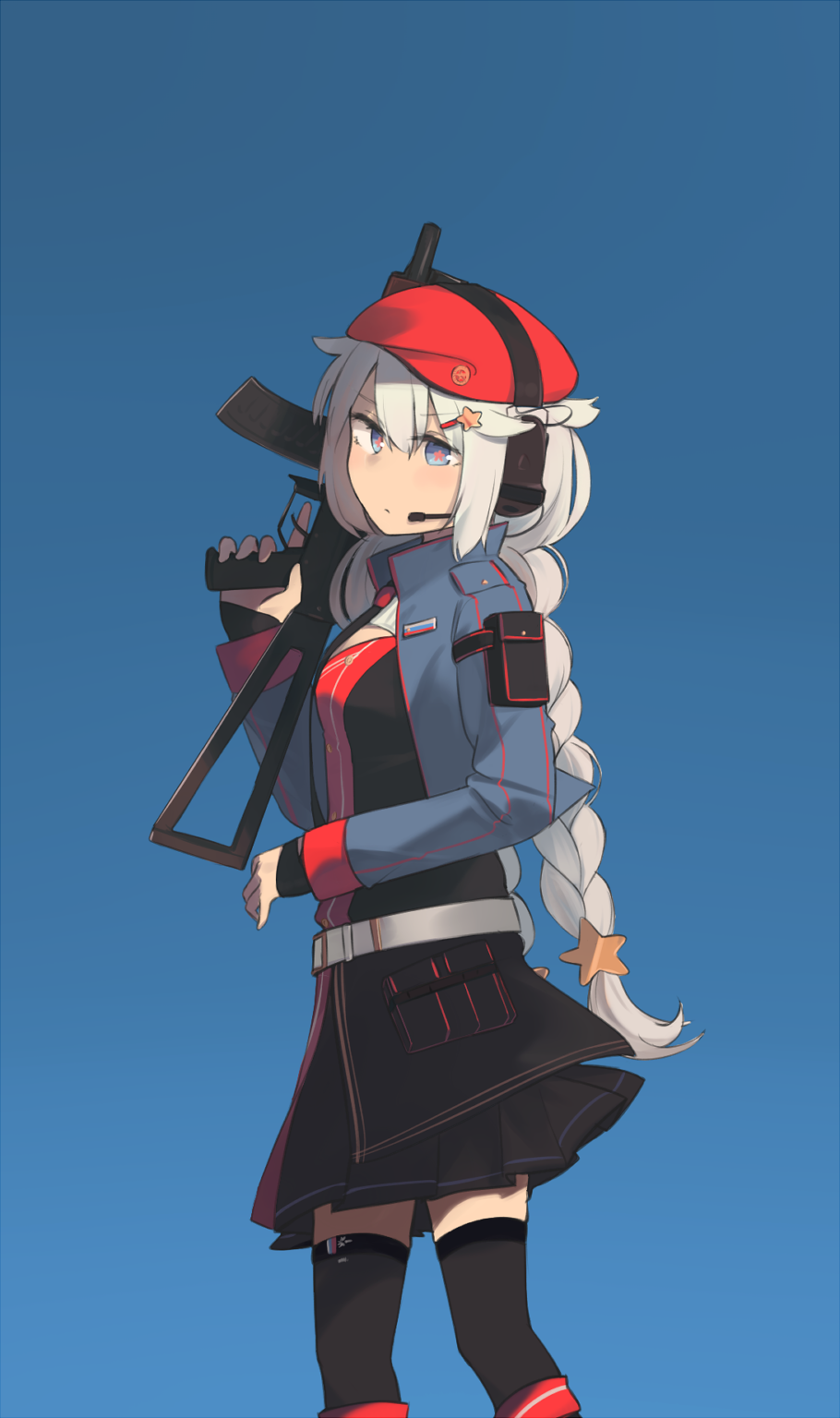 +_+, 1girl, beret, black_legwear, blue_background, blue_eyes, blue_jacket, braid