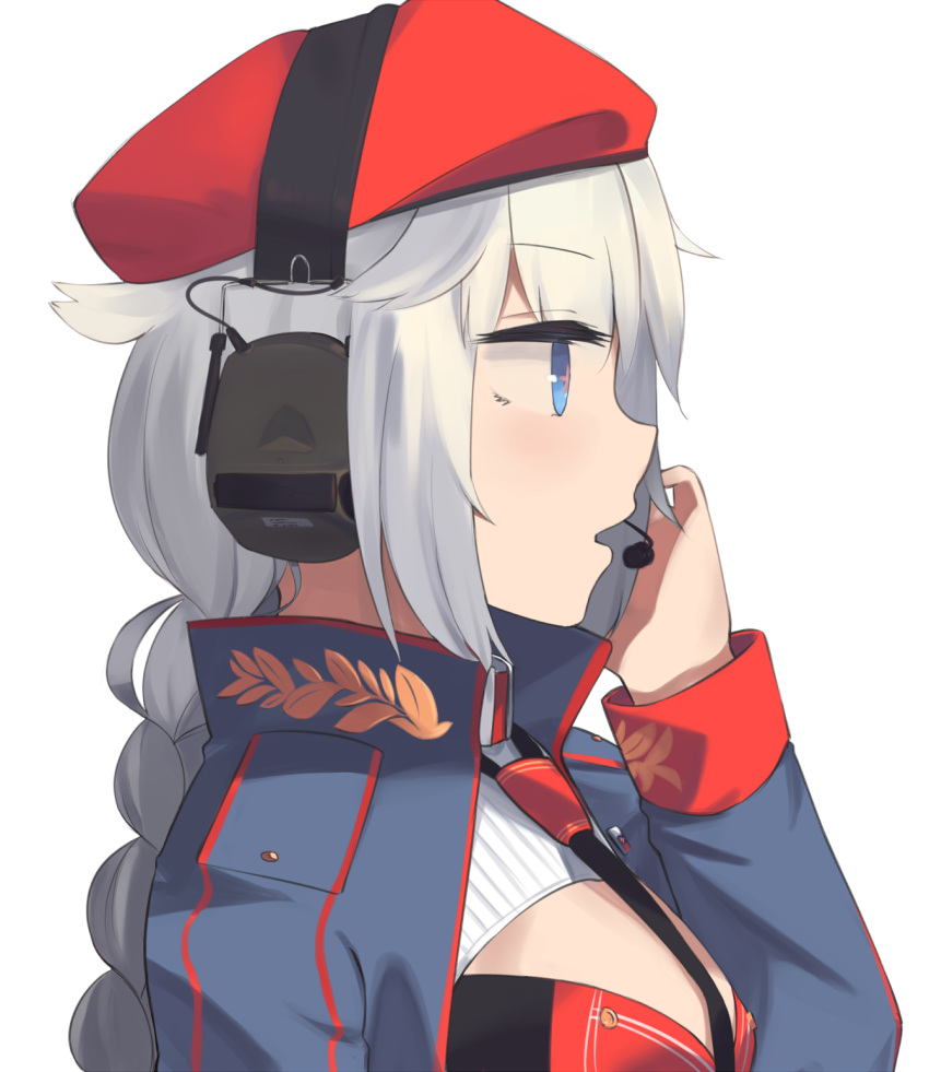 +_+, 1girl, beret, black_neckwear, blue_eyes, blue_jacket, braid, braided_ponytail