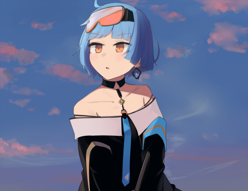 1girl, :o, bare_shoulders, between_breasts, black_dress, blue_hair, blue_neckwear, blue_sky