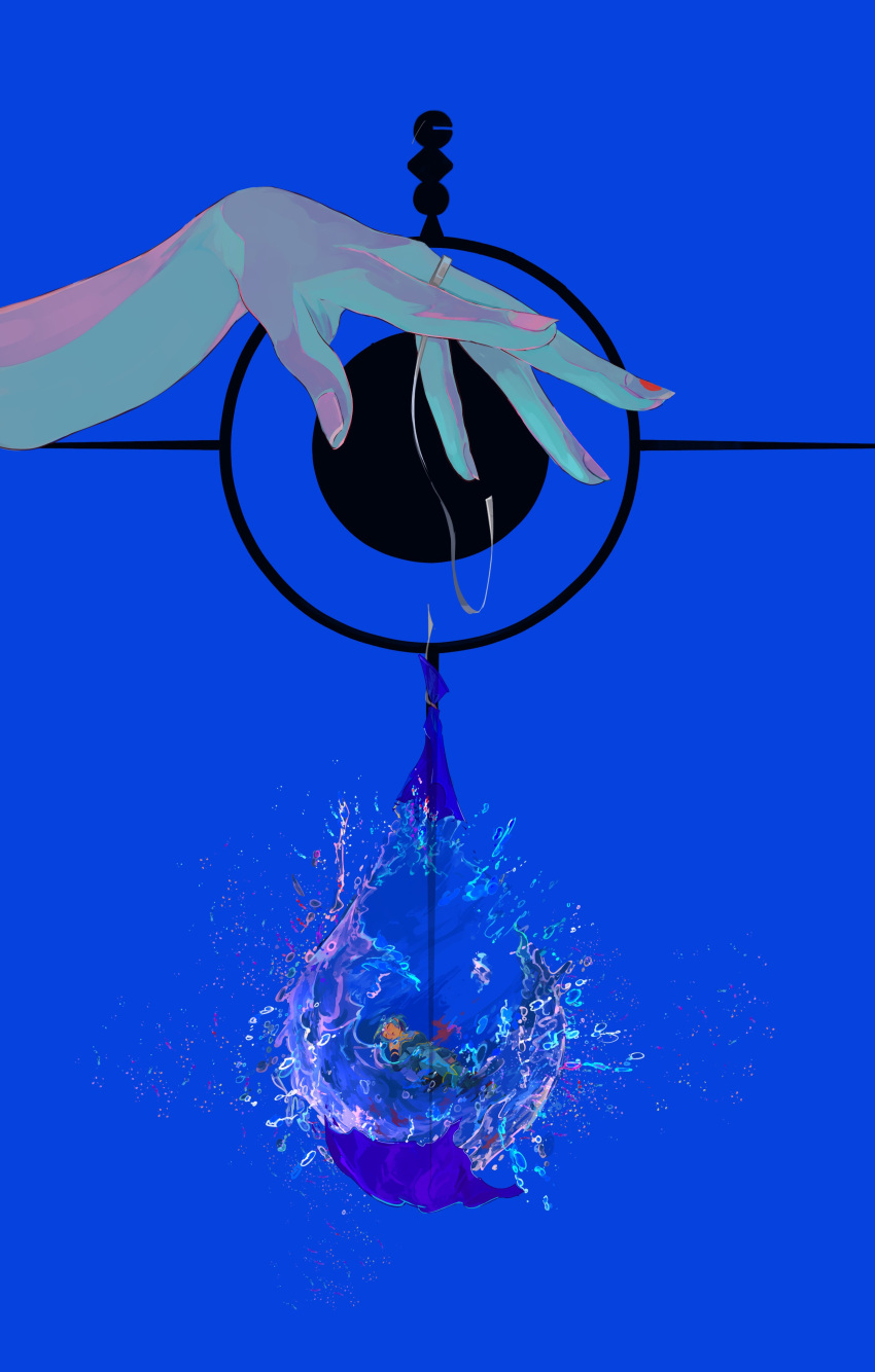 1girl, absurdres, blue_hair, blue_theme, closed_eyes, highres, mahou_shoujo_madoka_magica, miki_sayaka, popping, sate_(ryu_ryu_1212m), short_hair, solo, surreal, water, water_balloon