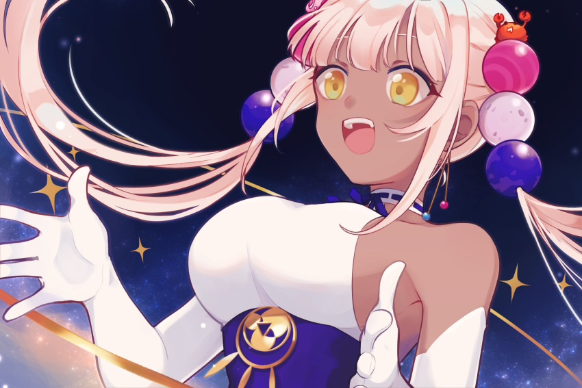 1girl, :d, bare_shoulders, blonde_hair, breasts, dark-skinned_female, dark_skin, echo_(k_521212)