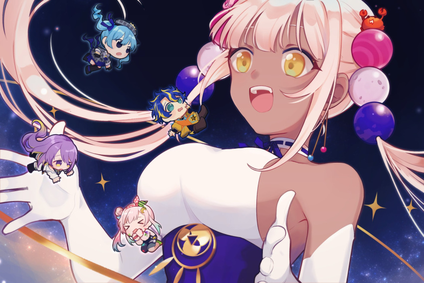 1boy, 4girls, :d, airani_iofifteen, astel_leda, bare_shoulders, blonde_hair, breasts