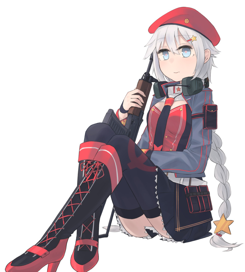 +_+, 1girl, beret, black_footwear, black_legwear, black_neckwear, black_skirt, blue_eyes