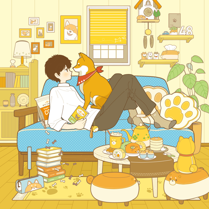 1boy, absurdres, black_hair, black_pants, blush, book, book_stack, clock