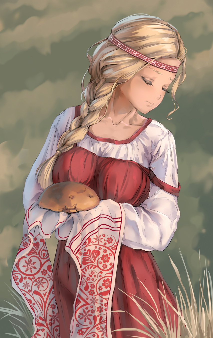 1girl, absurdres, barley, blonde_hair, braid, braided_ponytail, bread, closed_eyes