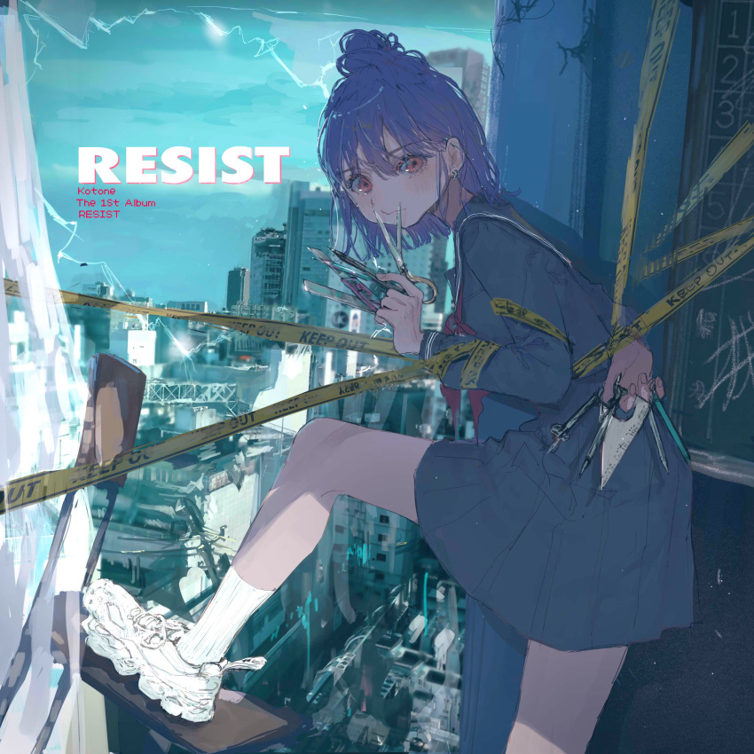 1girl, blue_sailor_collar, blue_shirt, blue_skirt, boxcutter, caution_tape, chair, chalkboard
