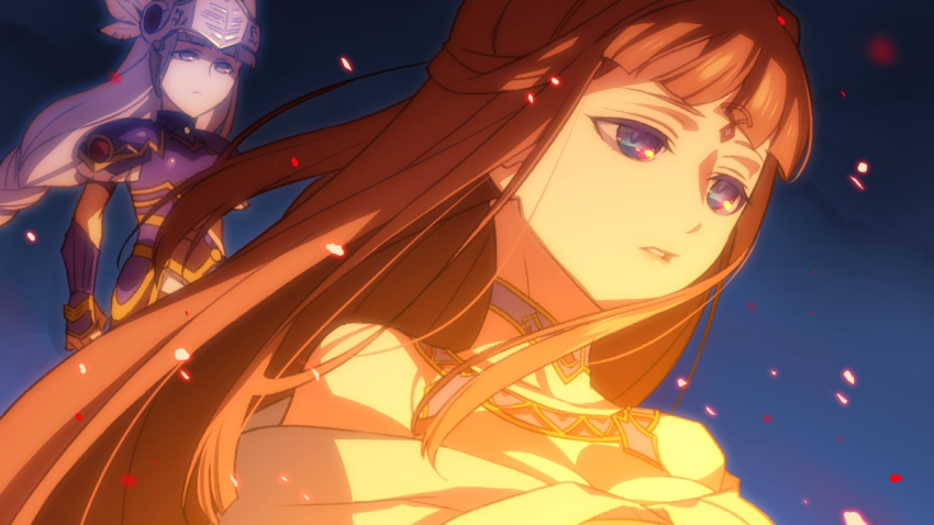 2girls, armor, armored_dress, bangs, bare_shoulders, blue_armor, blue_eyes, braid