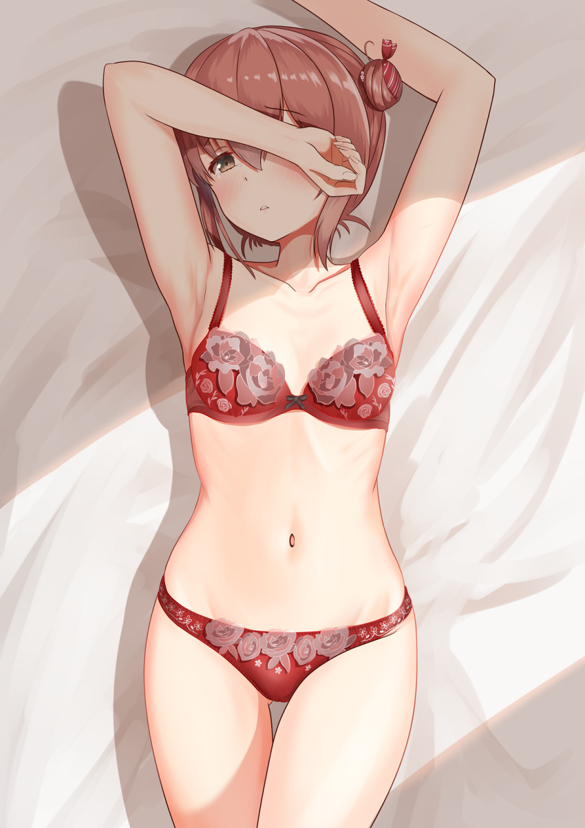 1girl, ass_visible_through_thighs, bed_sheet, blush, bra, brown_eyes, brown_hair, collarbone